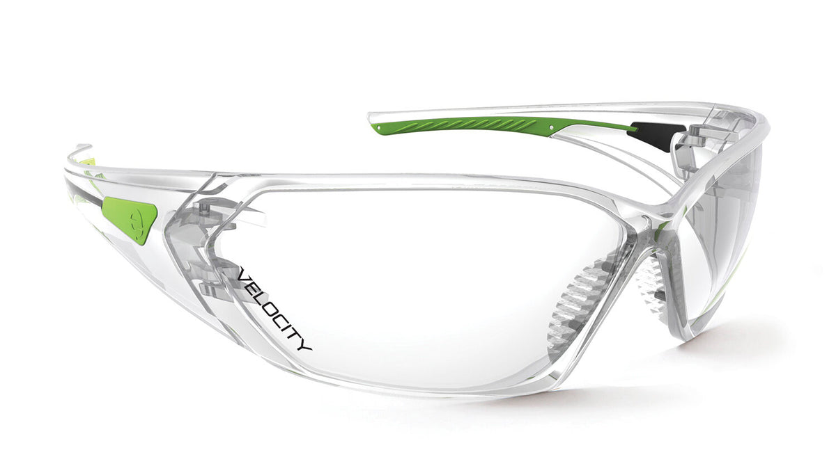 Clear safety glasses with green accents on a white background