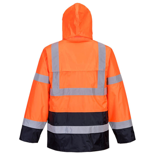 Orange and black safety jacket with reflective stripes on a white background