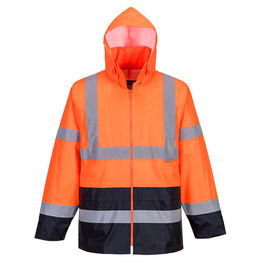 Orange safety jacket with reflective stripes on a white background
