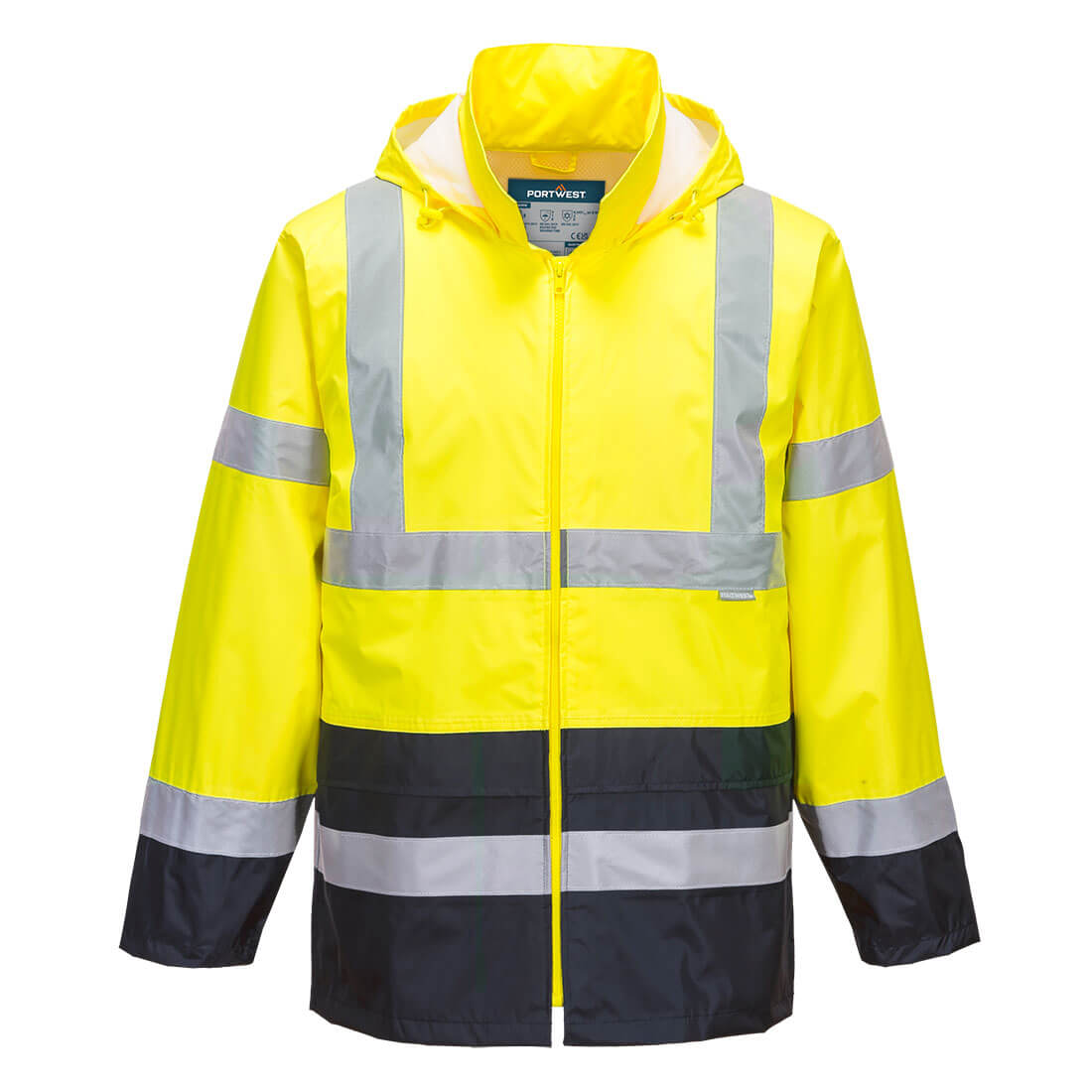 Yellow safety jacket with reflective stripes on a white background