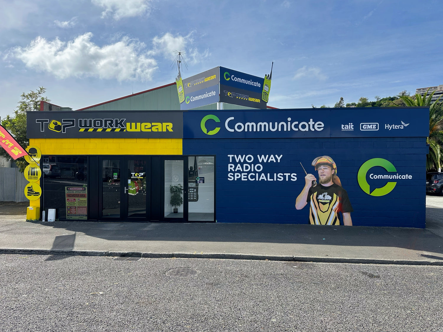 Top Workwear and Communicate NZ storefront at 184 Hyderabad Road, Napier – Hawke's Bay's home for workwear, safety boots, and commercial radio tech.